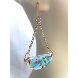 Half Moon Dangle Earrings Artisan Abstract Colorful Floral Paint Gold Accent NEW